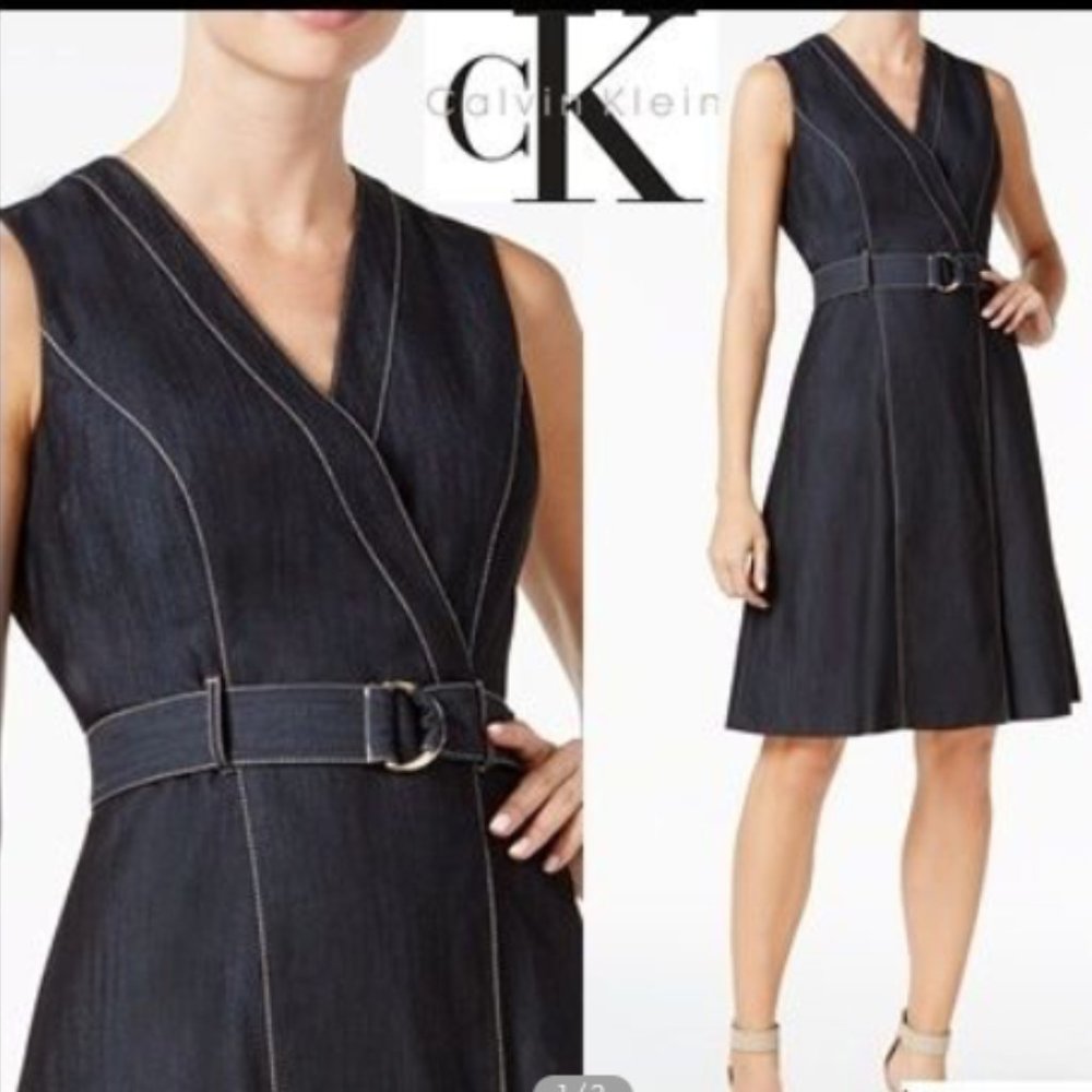 Calvin Klein Dark Indigo Denim Wrap Dress with Belt
